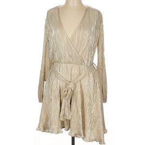 Bardot Champagne Plisse Wrap Dress Long Balloon Sleeve Party Cocktail M EUC